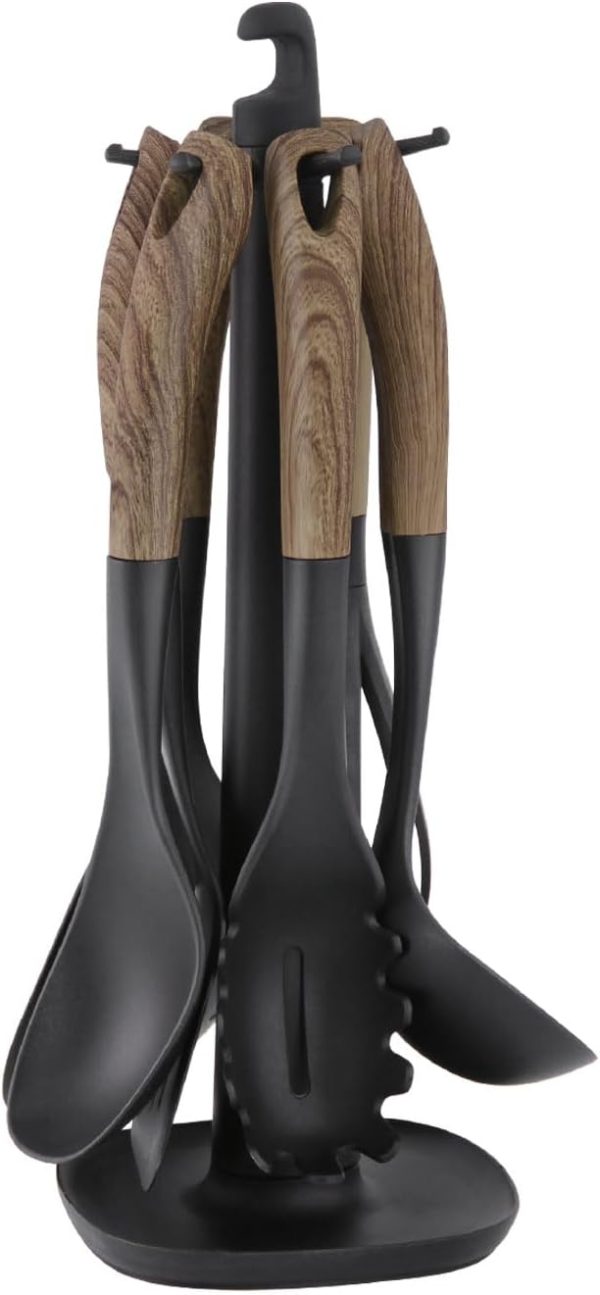 6 Pcs Kitchen Utensils Set and Storage Stand, Heat Resistant, Non-Scratch, Cooking Spoons Set with Nylon and Silicone Coated Bamboo Soft Touch Handles, Kitchen Tools for Non-Stick Cookware