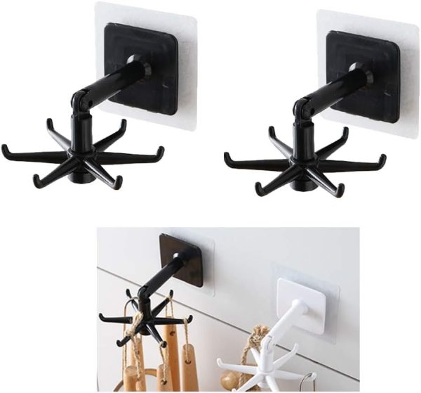 Kitchen Utensil Hanger with 6 Hooks, 2 Pack Under Cabinet Utensil Holder 360° Rotatable Kitchen Hooks Utensil Rack Space Saving No Drilling Nail Free Kitchen Utensil Organizer for Wall, Black