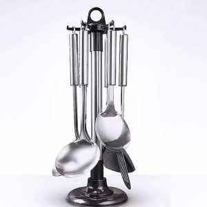 Kitchen Cooking Utensil Rack, 360 Degree Rotating Stainless Steel Kitchen Ware Organizer, Ware Storage Rack with 6 Hooks for Spatula Scoop Spoon, etc.