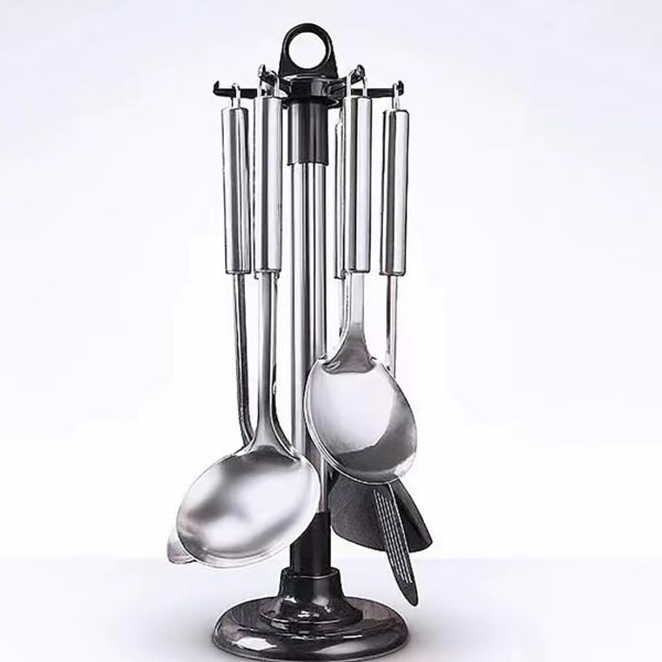 Kitchen Cooking Utensil Rack, 360 Degree Rotating Stainless Steel Kitchen Ware Organizer, Ware Storage Rack with 6 Hooks for Spatula Scoop Spoon, etc.
