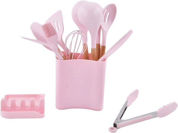 Silicone Kitchen Cooking Utensil Set, 13Pcs Non Stick Silicone Cooking Utensils Set, with Storage Rack, Heat Insulation and Anti Scalding Wooden Handle for Family Camping Use