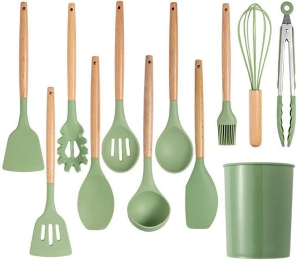 Avocado Green Silicone Kitchenware Cooking Utensils Set Non-Stick Cookware Spatula Egg Beaters Wooden Handle Kitchen Tool Set (Color : A)