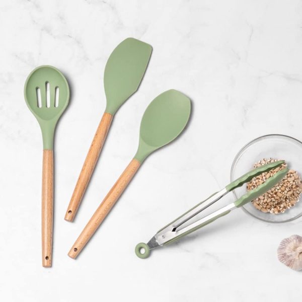 Avocado Green Silicone Kitchenware Cooking Utensils Set Non-Stick Cookware Spatula Egg Beaters Wooden Handle Kitchen Tool Set (Color : A) - Image 2