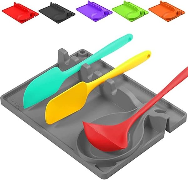 Cooking Utensil Rest Kitchen Utensils Holder Two-in-one Silicone Spoon Pad Multi-Function Spoon Holder Spoon Rack Kitchen Storage Spatula Spoon Rack Small Tool Storage Rack (Color : Red) (Color : Gre - Image 2