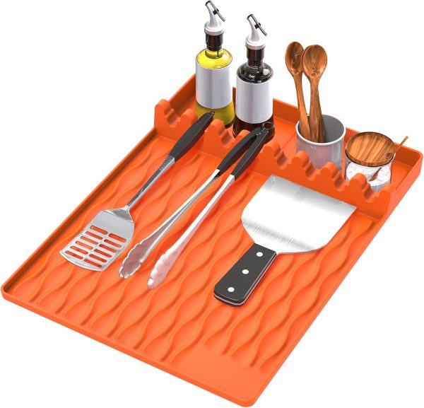 Silicone Spatula Mat, Large Grill Mats for Blackstone, Griddle Tools with Drip Pad, Silicone Utensil Rest for Stove Top, Kitchen Utensil Holder, Kitchen Gadgets - 16"x11.5", Orange