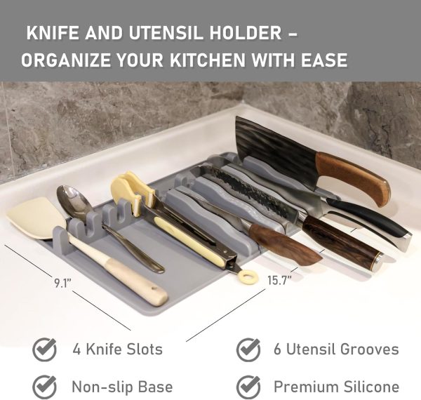 Kitchen Knife Storage and Utensil Holder, Non-Slip Drawer or Countertop Organizer with Knife Slots and Cooking Rack, Washable Knife Holder Paired with Multiple Spoon Rests, Gray