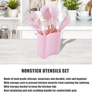 Silicone Kitchen Cooking Utensil Set, 13Pcs Non Stick Silicone Cooking Utensils Set, with Storage Rack, Heat Insulation and Anti Scalding Wooden Handle for Family Camping Use