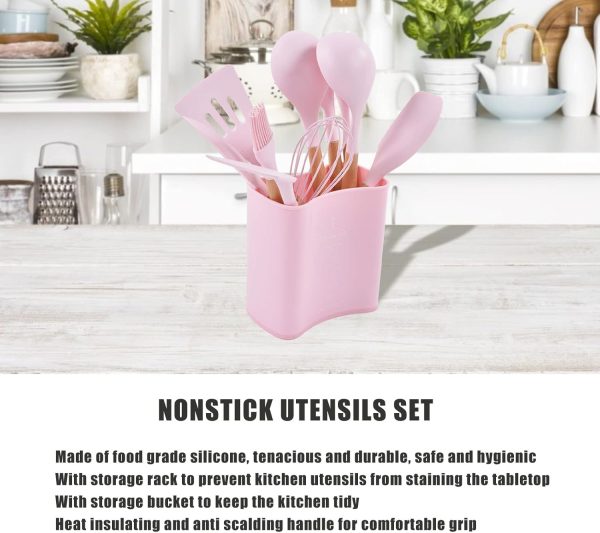 Silicone Kitchen Cooking Utensil Set, 13Pcs Non Stick Silicone Cooking Utensils Set, with Storage Rack, Heat Insulation and Anti Scalding Wooden Handle for Family Camping Use - Image 2