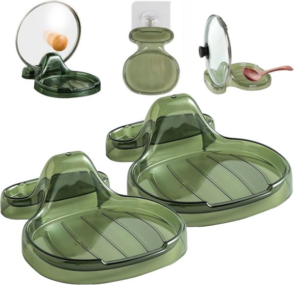 2PCS Multifunction Kitchen Spatula Rack, Versatile Pot Lid Ladle Holder, Multifunctional Kitchen Spatula Rack, Food Grade Plastic Spoon Holder (Green)