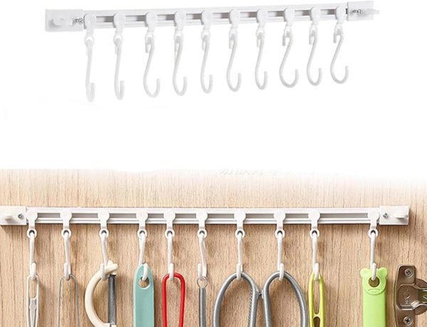 Multifunctional Slide Rail Hook,Kitchen Utensil Hanging Rack Wall Mounted Hanger,Space Saving Utensil Holder with 10 Hooks, No Drilling for Home Kitchens, Bathrooms (Length 30cm/2pcs)