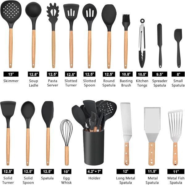 20 PCS Kitchen Utensils Set with Holder, Silicone Cooking Utensil Set Plus Metal Spatulas, Kitchen Gadgets Tools with Spatulas, Turners, Spoons, Tongs, Wooden Handle, Black - Image 2