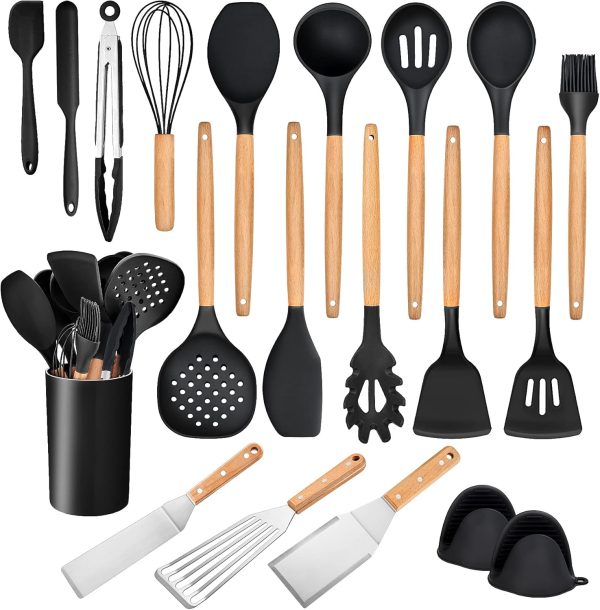 20 PCS Kitchen Utensils Set with Holder, Silicone Cooking Utensil Set Plus Metal Spatulas, Kitchen Gadgets Tools with Spatulas, Turners, Spoons, Tongs, Wooden Handle, Black