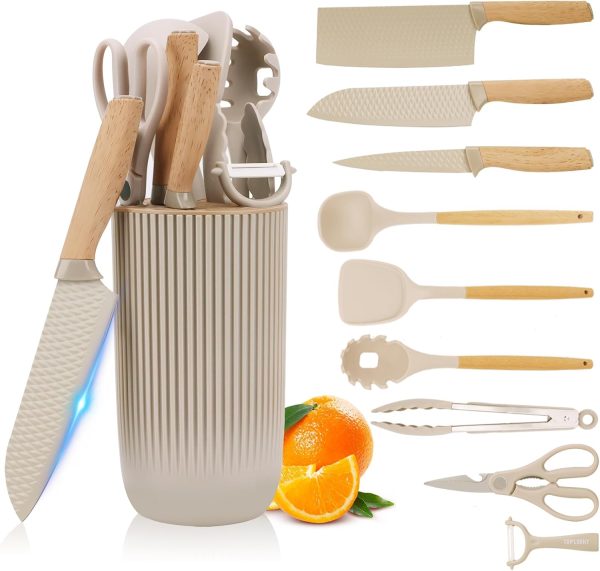 10 PCS Non-Stick Stainless Steel Knives Set and Silicone Cooking Utensils Spatula Set with Holder, Wooden Ergonomic Handle Home Kitchenware Accessories Cookware Set (Khaki)