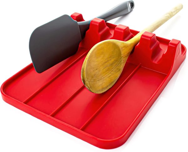 Silicone Utensil Rest and Spoon Holder, Heat Resistant Kitchen Spoon Rest for Multiple Utensils, Dishwasher Safe Drip Pad for Spatulas, Tongs, Ladles, and Spoons (Candy Red)