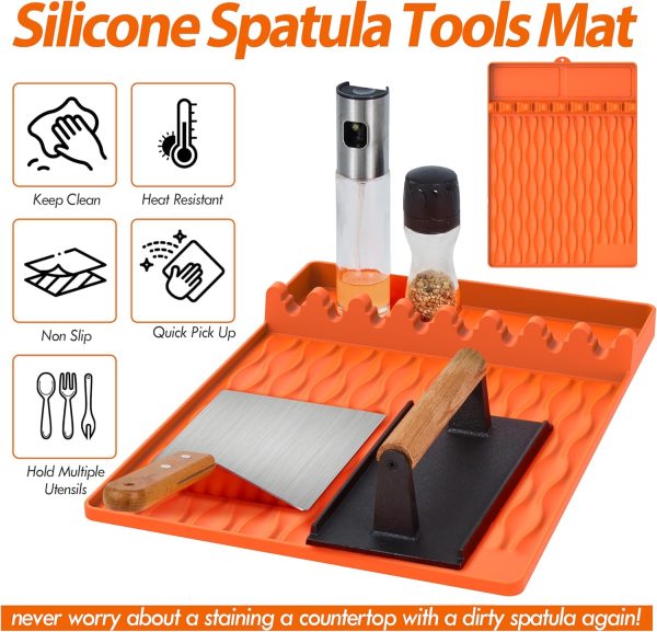 Silicone Spatula Mat, Large Grill Mats for Blackstone, Griddle Tools with Drip Pad, Silicone Utensil Rest for Stove Top, Kitchen Utensil Holder, Kitchen Gadgets - 16"x11.5", Orange - Image 2