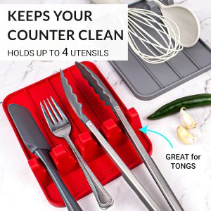 Silicone Utensil Rest and Spoon Holder, Heat Resistant Kitchen Spoon Rest for Multiple Utensils, Dishwasher Safe Drip Pad for Spatulas, Tongs, Ladles, and Spoons (Candy Red)