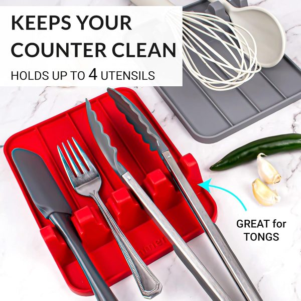 Silicone Utensil Rest and Spoon Holder, Heat Resistant Kitchen Spoon Rest for Multiple Utensils, Dishwasher Safe Drip Pad for Spatulas, Tongs, Ladles, and Spoons (Candy Red) - Image 2