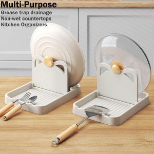 2Pcs Spoon Rest with Lid Holder,Foldable Spoon Holder for Kitchen Counter,Cat Pot Lid Holder for Spoons,Pot Lids,Spatulas,Utensils,Forks(Beige + Grey)